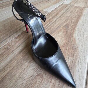 Christian Louboutin Pumpaclou 100 Black Leather Ankle Strap Pumps Eur. 38.5